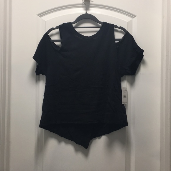 FREE PEOPLE black cold shoulder cross back T, sz S - Picture 4 of 8